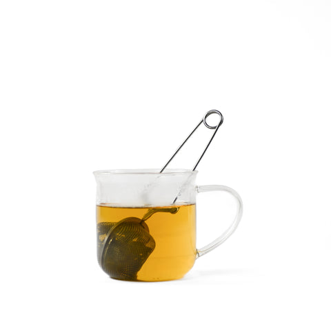 Tea Strainer with Handle steeping in glass tea cup
