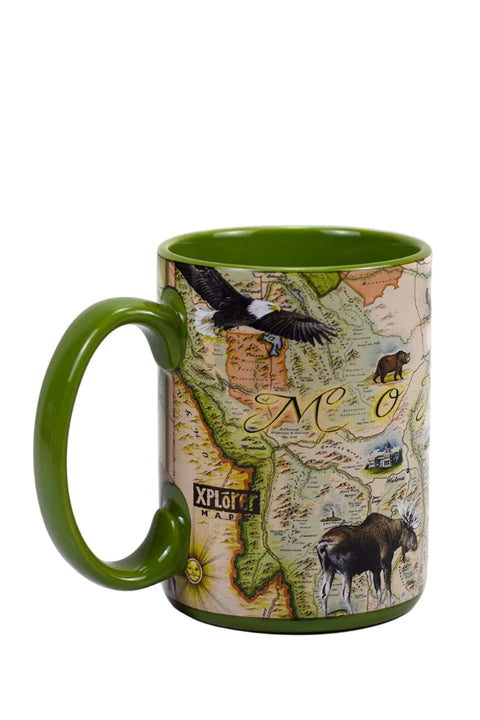 Green Montana Xplorer Mug with a map design featuring animals on a white background